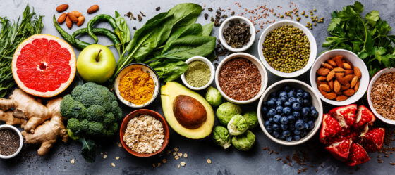 Colorful assortment of fruits, vegetables, nuts